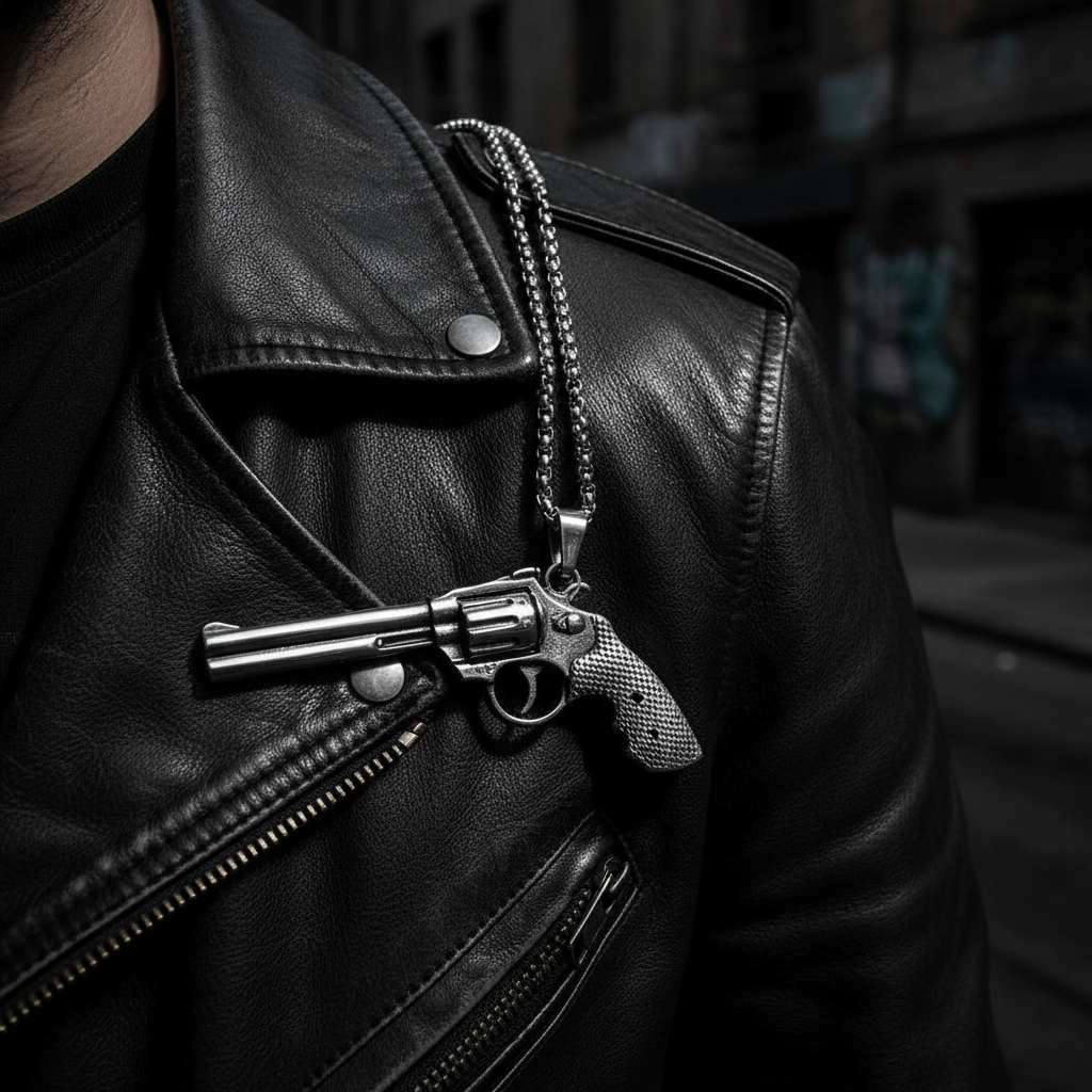 Antique silver revolver gun pendant necklace draped over black leather jacket, chain attached at barrel tip, moody biker editorial