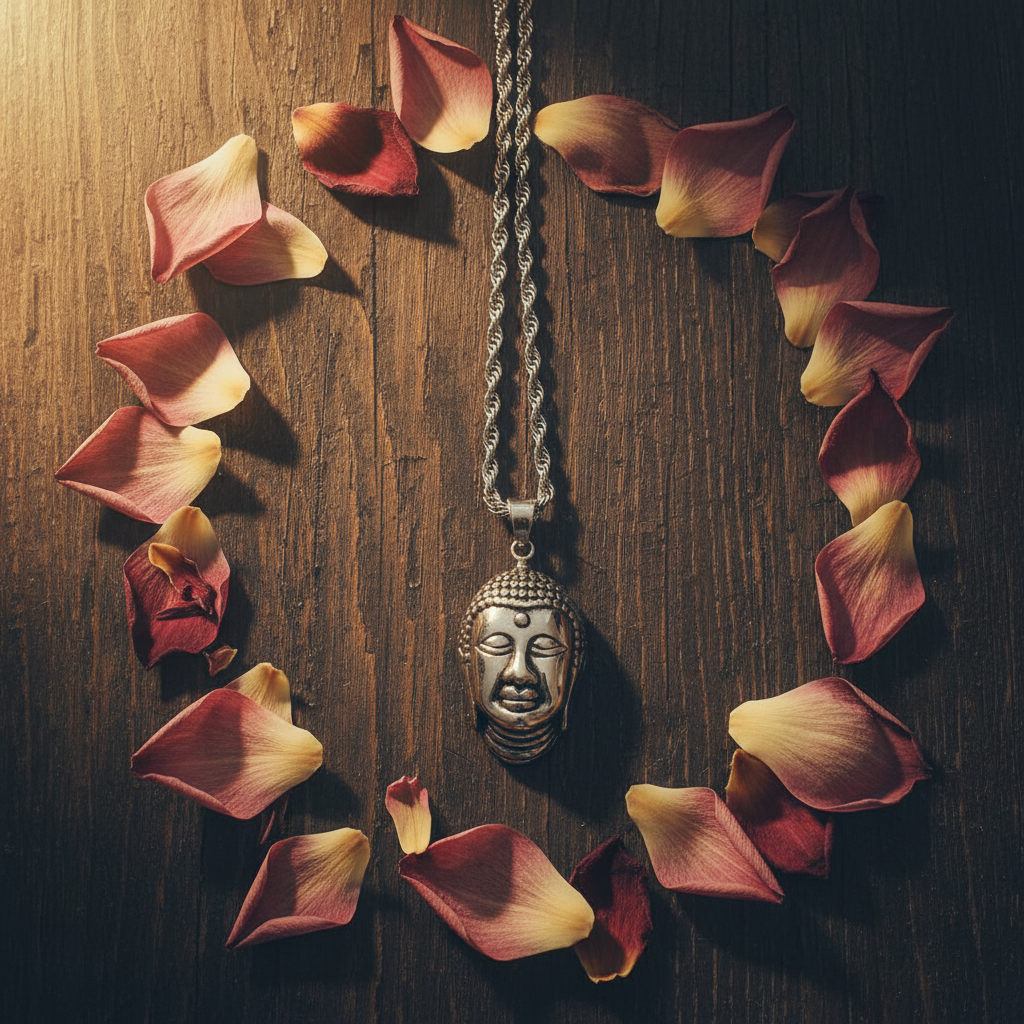 Antique silver Buddha pendant necklace flat lay on dark wood with dried lotus petals, warm golden lighting