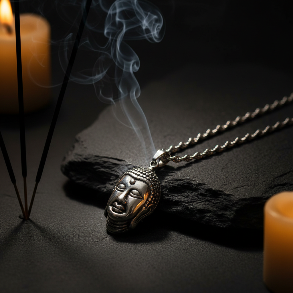 Lord Buddha face pendant necklace on dark stone surface with incense sticks and candlelight, spiritual atmosphere