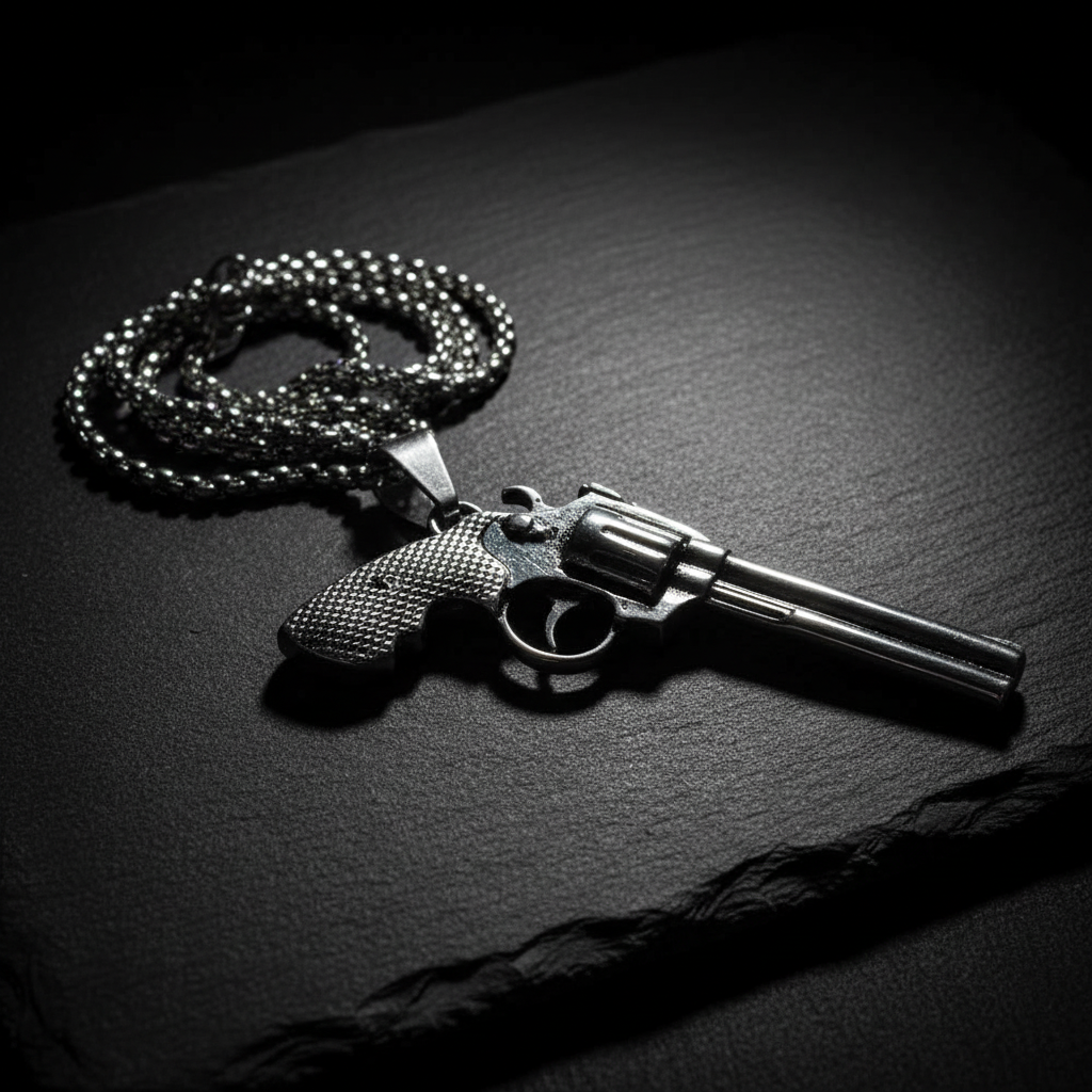 Antique silver revolver gun pendant necklace on dark slate surface with moody dramatic lighting
