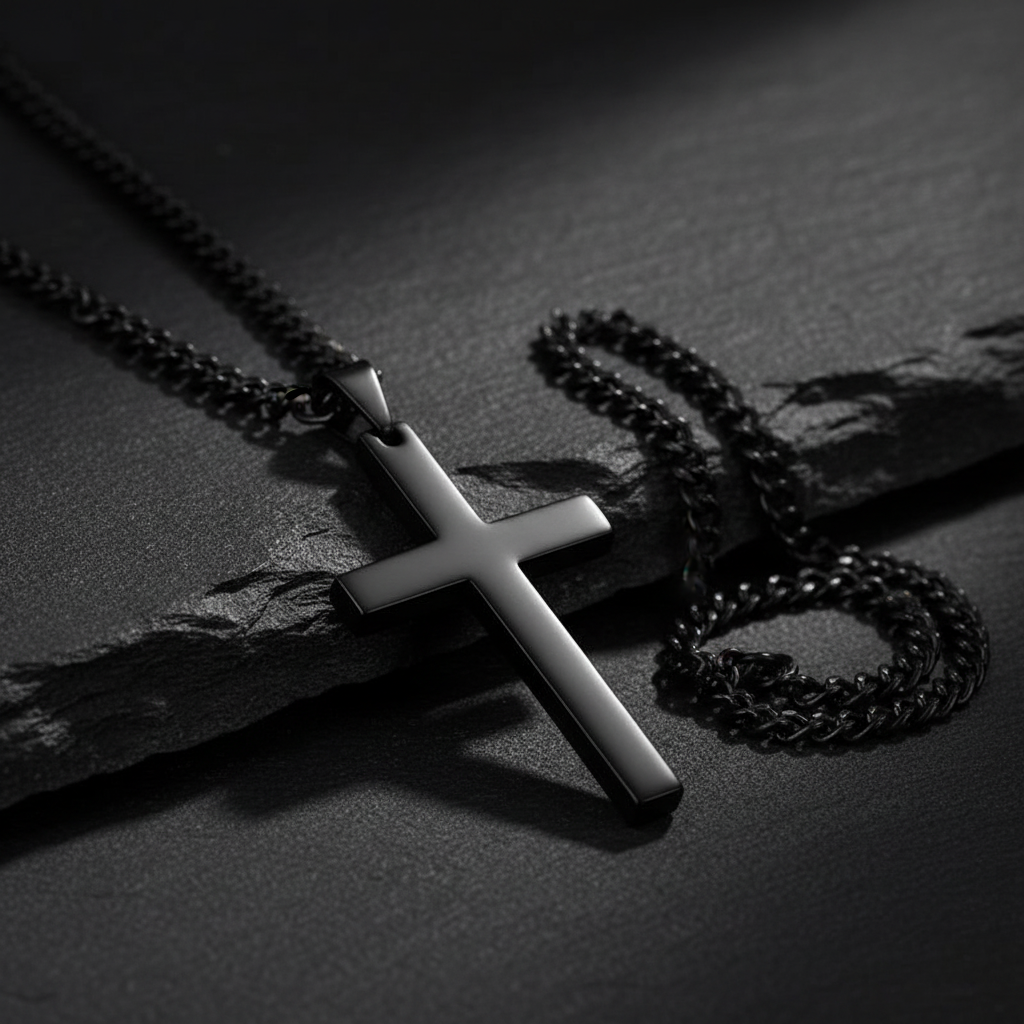 Matte black cross pendant necklace on dark charcoal surface with dramatic moody lighting