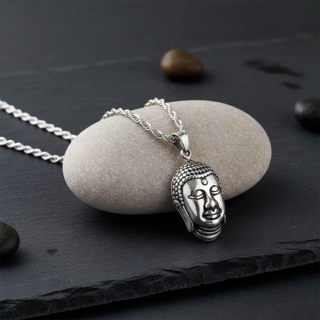 Antique silver Buddha face pendant draped over river stone on dark slate, zen minimalist product photography
