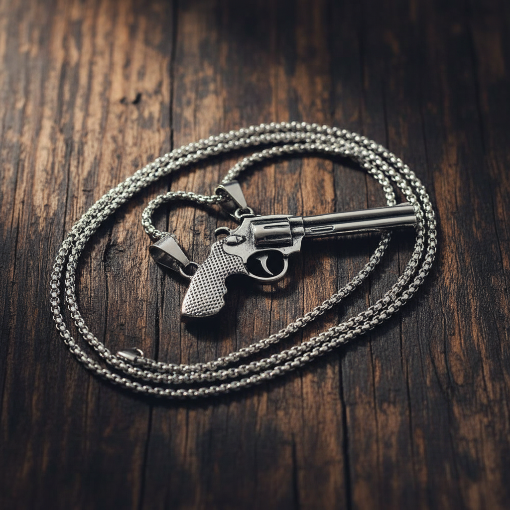Antique silver revolver gun pendant necklace flat lay on dark weathered wood with chain coiled artistically