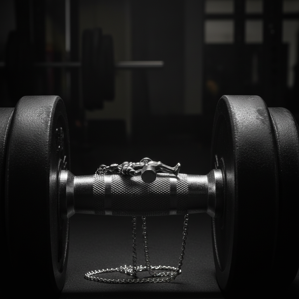 Silver bodybuilder pendant necklace resting on black iron dumbbell, dark moody gym editorial