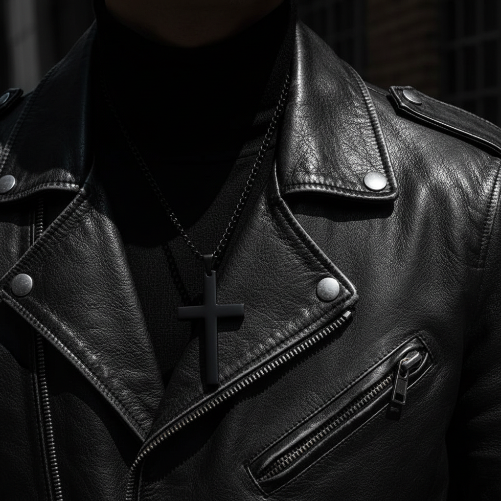 Black cross pendant necklace draped over black leather jacket, biker street style editorial