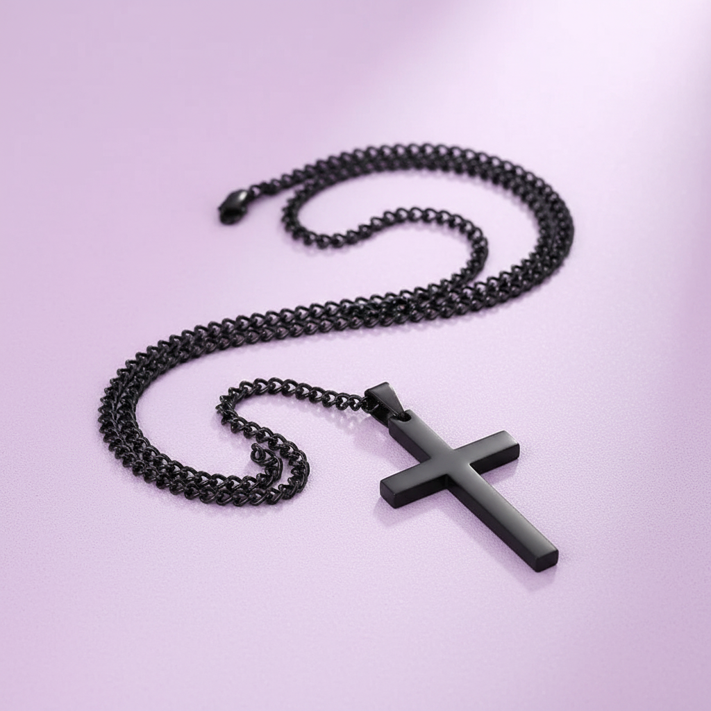 Matte black cross pendant necklace on pastel lavender background, minimalist product photography