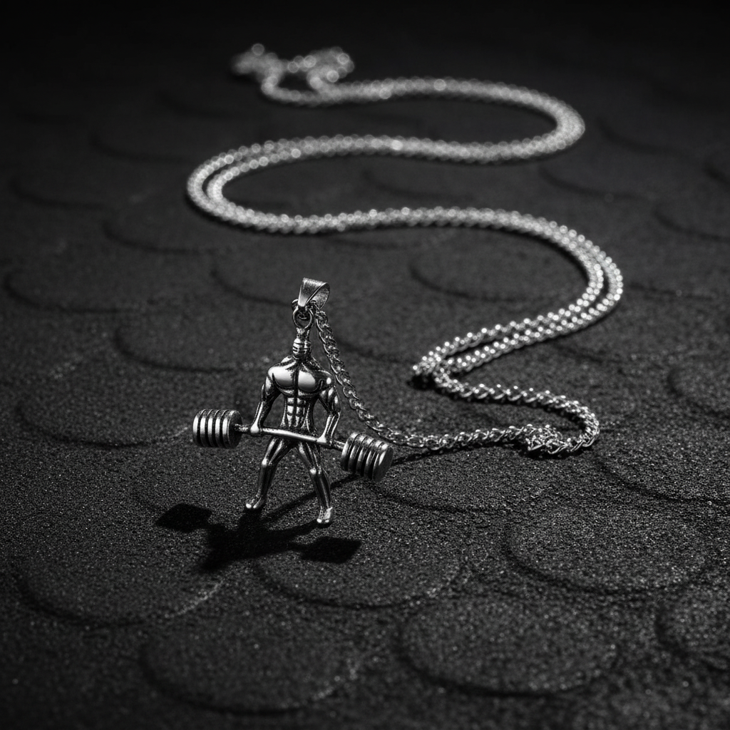Silver weightlifter pendant necklace on dark gym rubber floor with dramatic side lighting