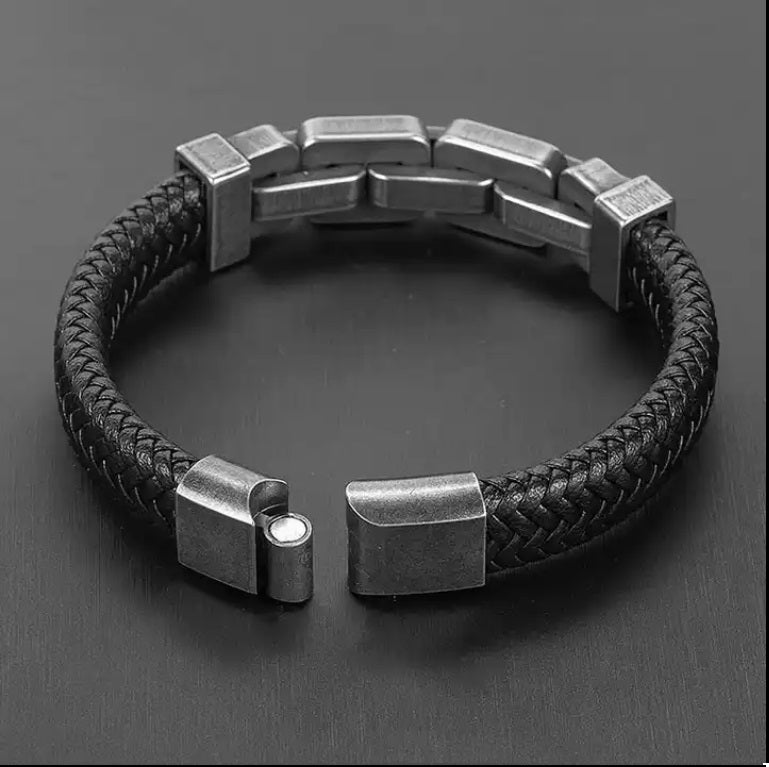 STREET SOUL  Braided Leather Bracelet with Stainless Steel Vintage Chain Fastening Mens Bracelet