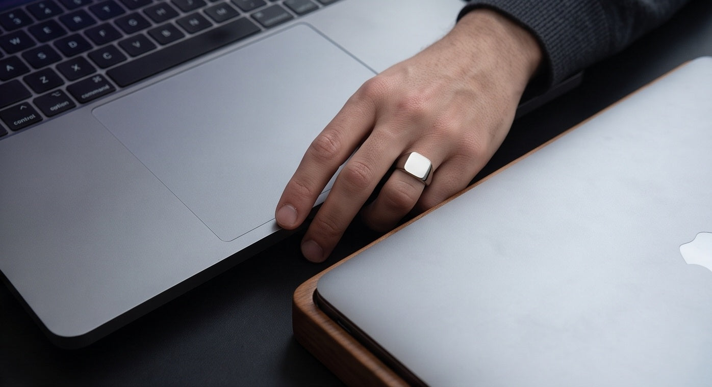 Signet Silver Steel Finger Ring - side view