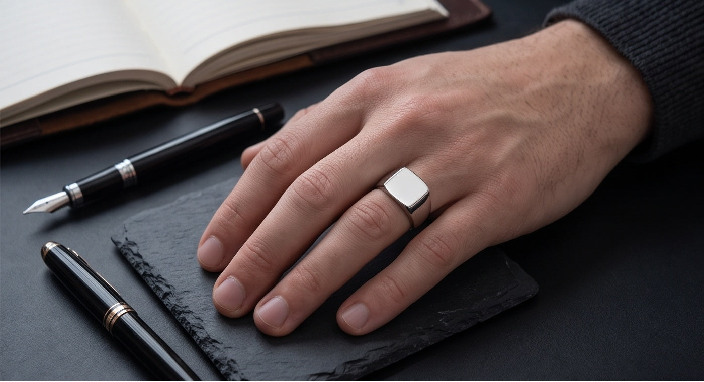 Signet Silver Steel Finger Ring - close up