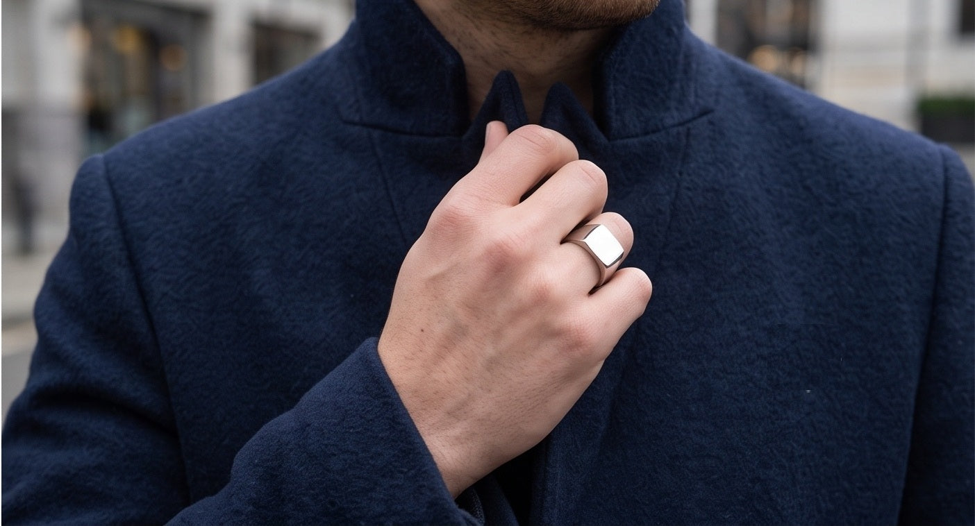 Signet Silver Steel Finger Ring - angle view