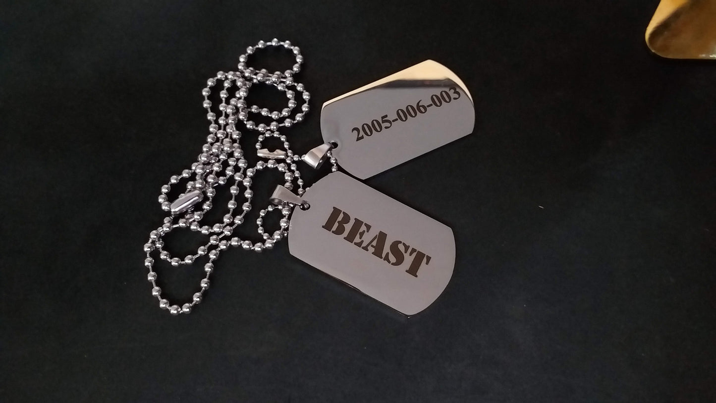 Stainless Steel Two Customized Army Tags in One Chain, Laser Engraved.