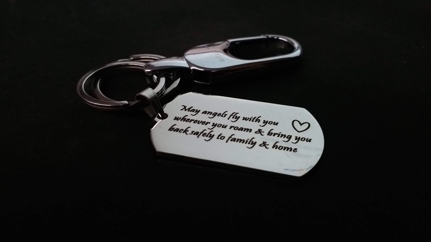 Streetsoul Drive Safe Message AngelsFly with You Engraved Keychain Stainless Steel Silver Keyring on 2mm Tag Gift for Women & Men.