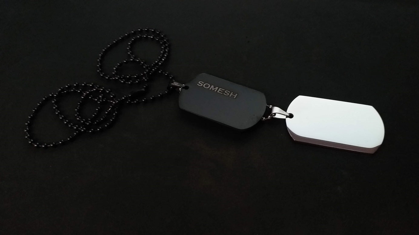 Two tags Black and Silver Stainless Steel in One Chain Custom Engraved.