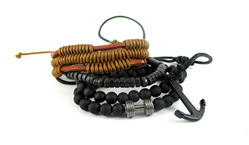 Streetsoul Wristband Bead Rustic Dumbbell Bead Black (Stack of 5 pcs.) 8mm Multicolor Leather & Bead Bracelets for Men.