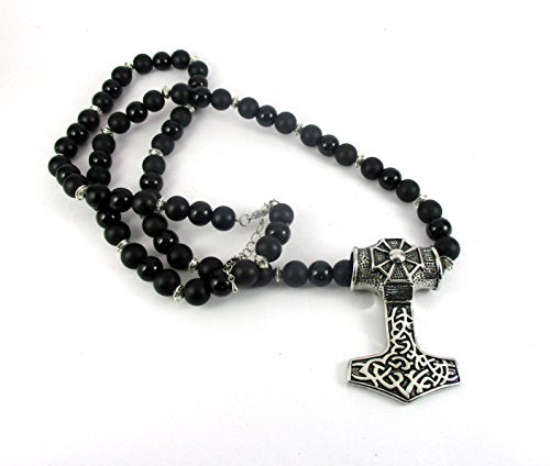 Streetsoul Tribal Design Pendant Heavy Black Statement Necklace Gloss 10mm Bead Necklace Gift for Men Women.