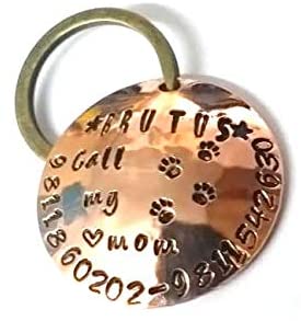 Custom name tag Dome Shaped Copper Hand Stamped Tag for Pet Dog, Cat ID Customized Dog Tag (Round Dome)