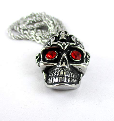 Streetsoul Red Eyes Gothic Skull Pendant Necklace in Stainless Steel Rock and Roll Punk Biker Jewelry Chain 28 Inches Glossy Necklace Gift for Men.