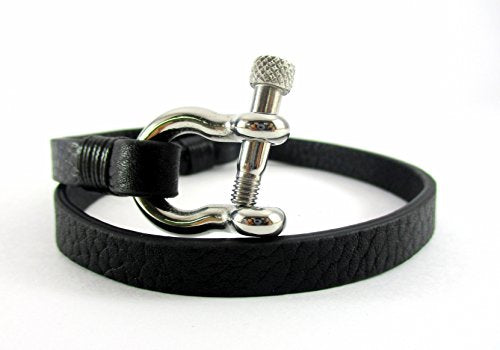 Shackle Pin Screw Bracelet Black Leather Wrap-Around