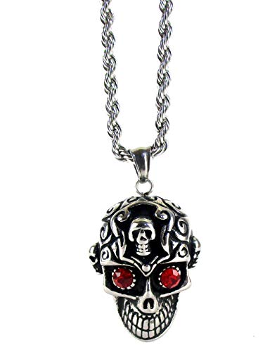 Streetsoul Red Eyes Gothic Skull Pendant Necklace in Stainless Steel Rock and Roll Punk Biker Jewelry Chain 28 Inches Glossy Necklace Gift for Men.