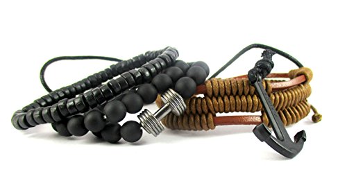 Streetsoul Wristband Bead Rustic Dumbbell Bead Black (Stack of 5 pcs.) 8mm Multicolor Leather & Bead Bracelets for Men.