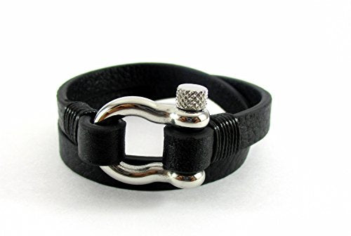 Shackle Pin Screw Bracelet Black Leather Wrap-Around