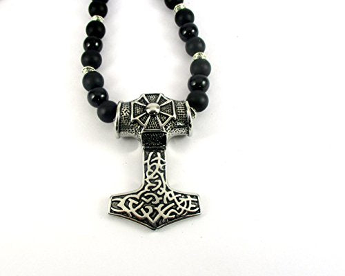 Streetsoul Tribal Design Pendant Heavy Black Statement Necklace Gloss 10mm Bead Necklace Gift for Men Women.
