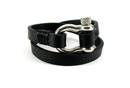 Shackle Pin Screw Bracelet Black Leather Wrap-Around