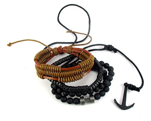 Streetsoul Wristband Bead Rustic Dumbbell Bead Black (Stack of 5 pcs.) 8mm Multicolor Leather & Bead Bracelets for Men.