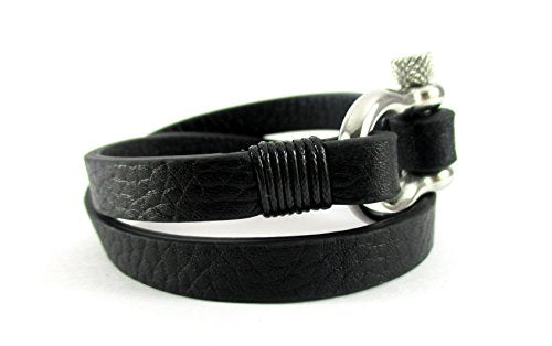 Shackle Pin Screw Bracelet Black Leather Wrap-Around