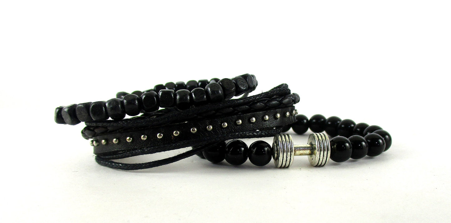 Bead bracelet Black Dumbbell Bracelet with Leather Band For Men