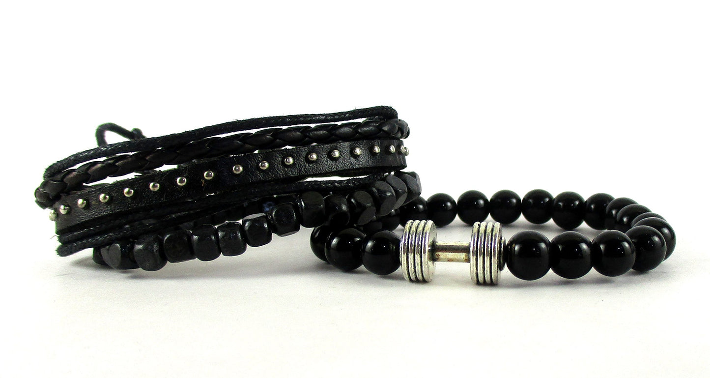 Bead bracelet Black Dumbbell Bracelet with Leather Band For Men