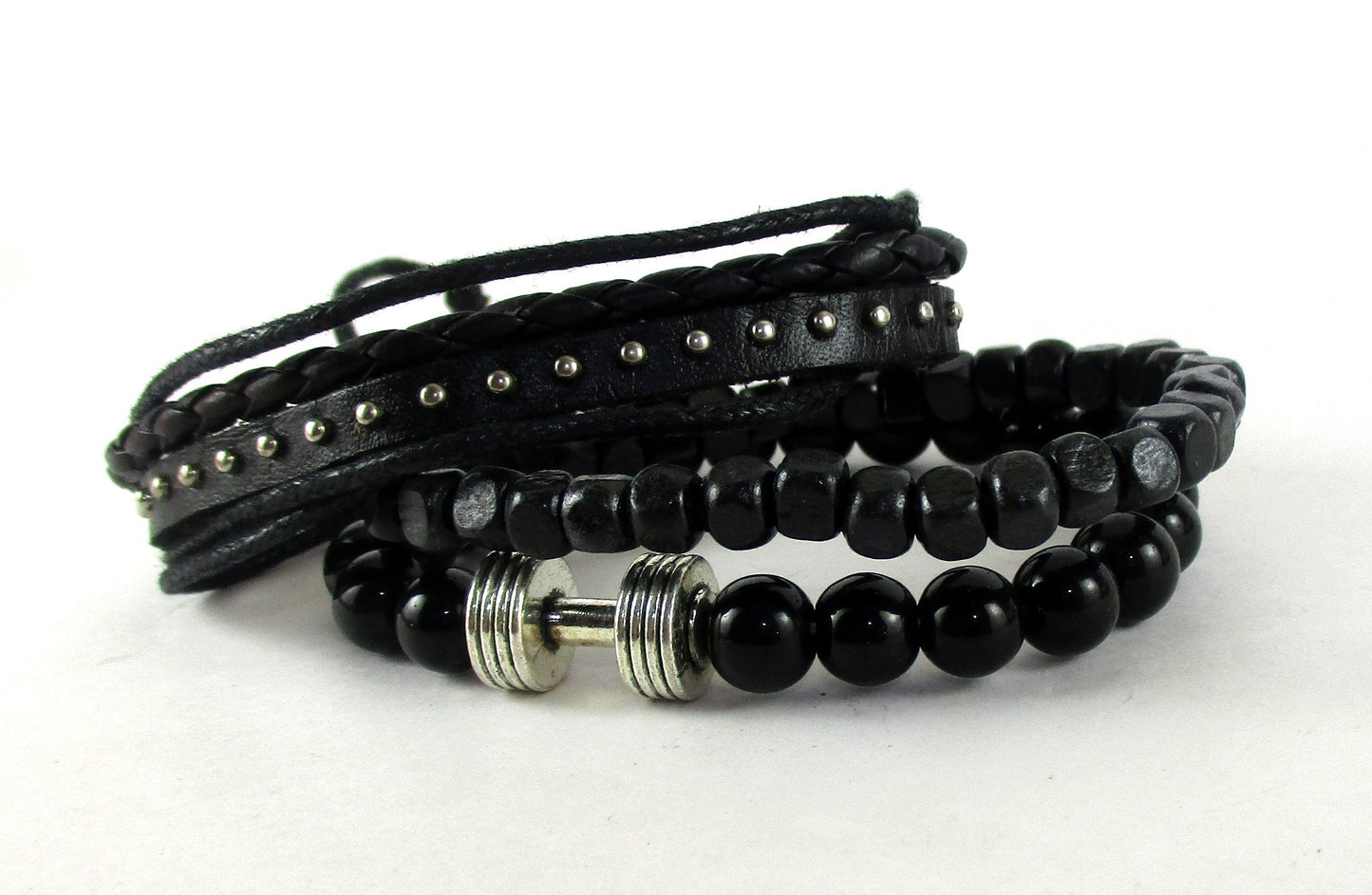 Bead bracelet Black Dumbbell Bracelet with Leather Band For Men