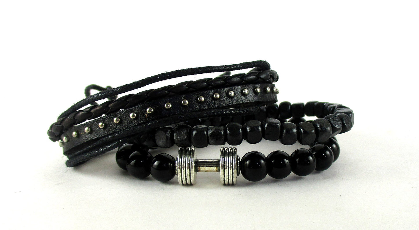 Bead bracelet Black Dumbbell Bracelet with Leather Band For Men