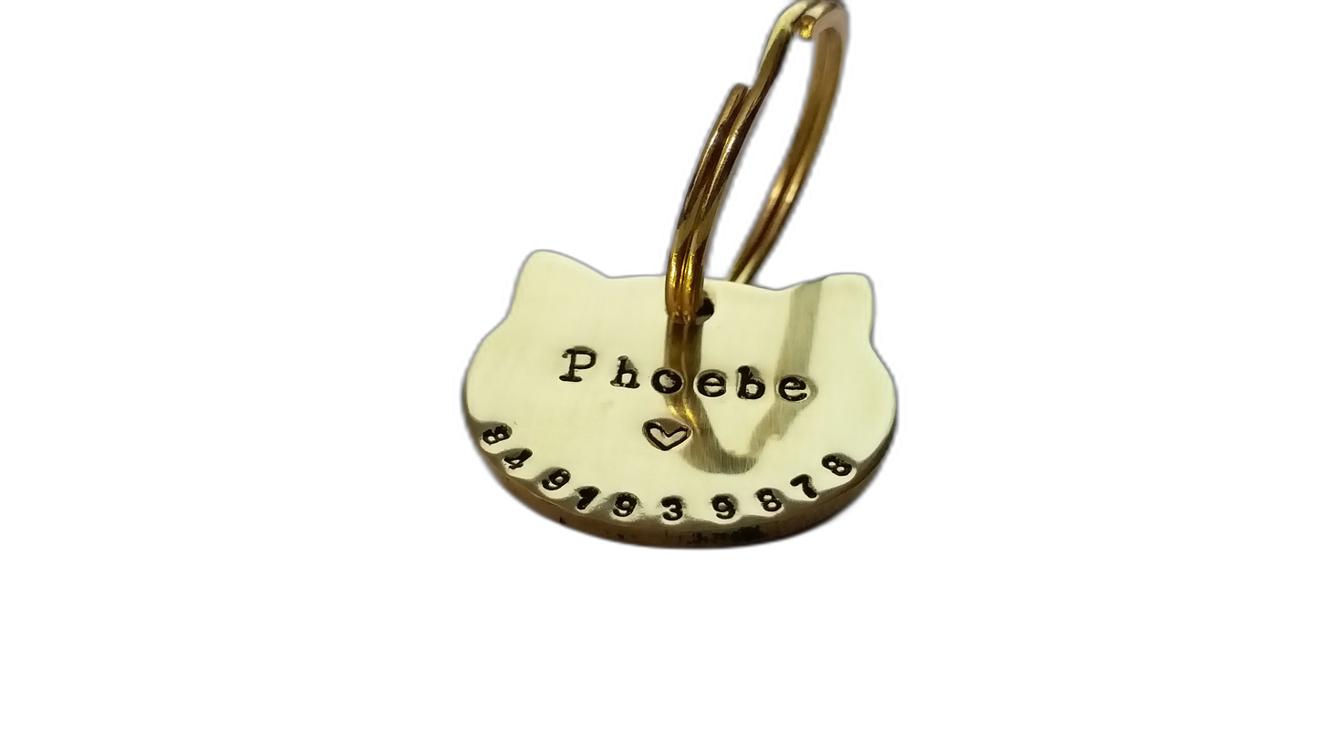 Cat name tag  Personalized Hand Stamped Circular Shaped Tag for Small Pet Dog, Cat ID Customized Dog Tag (Brass)